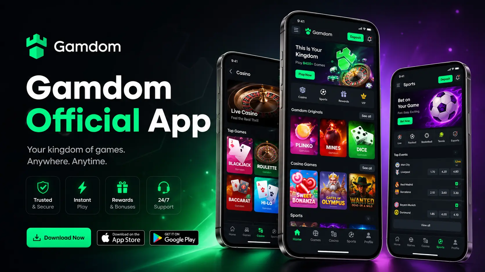 Gamdom on mobile phones showing the casino, originals and sports sections