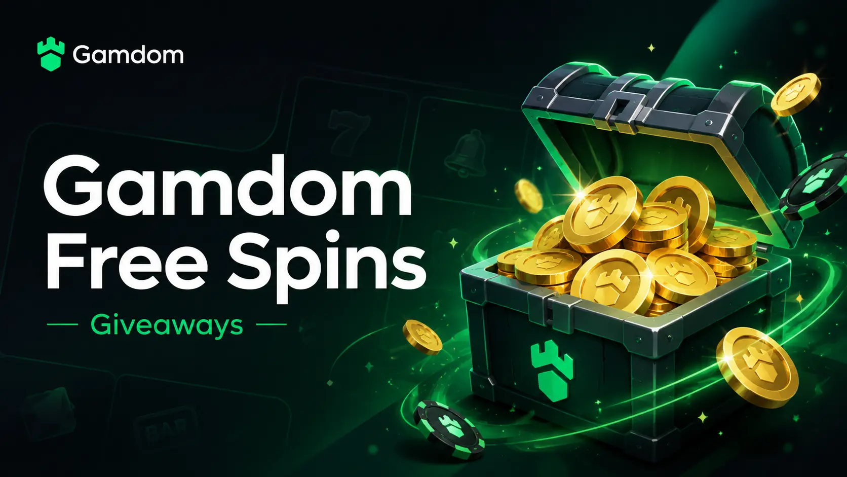 Gamdom Free Spins giveaways artwork with a treasure chest of gold coins
