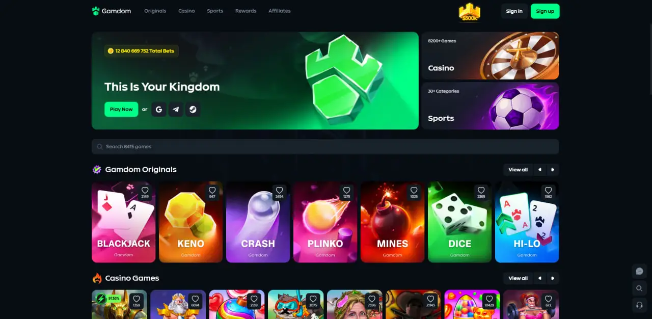Gamdom main lobby showing casino and sports sections with the This Is Your Kingdom banner