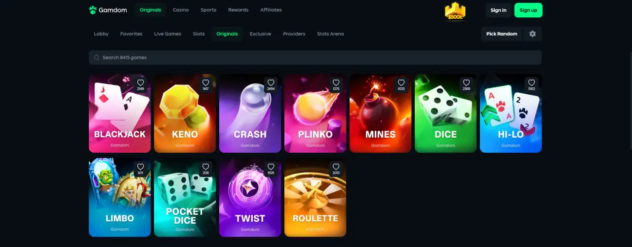 Gamdom Originals tab showing Roulette among Blackjack, Crash, Plinko and other house games