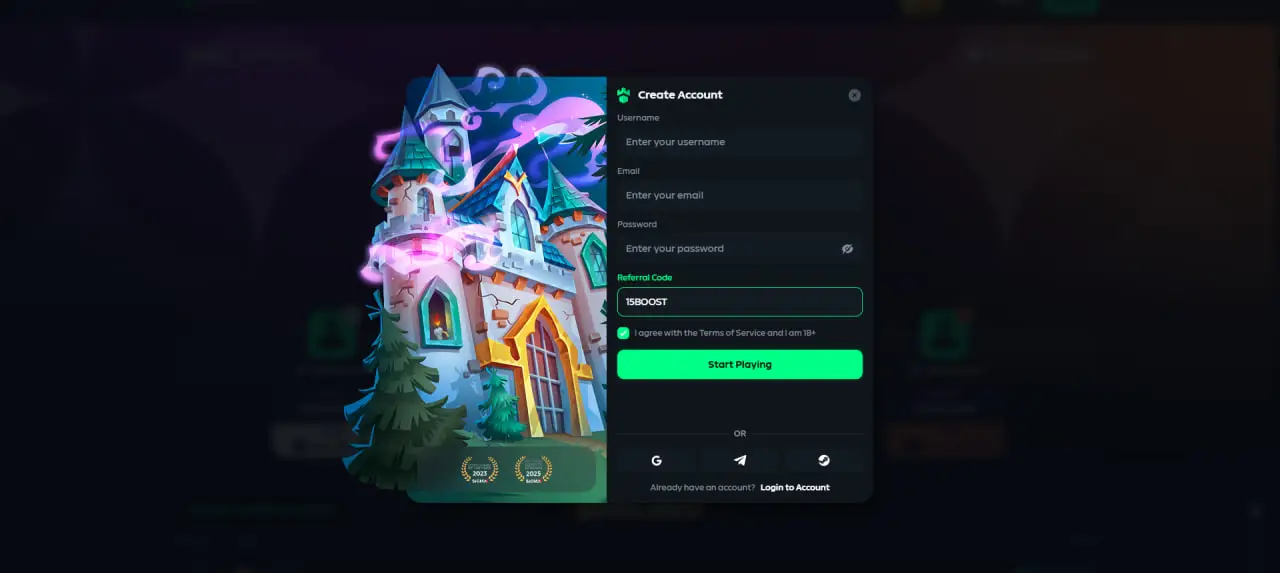 Gamdom Create Account form with the referral code field filled in with 15BOOST