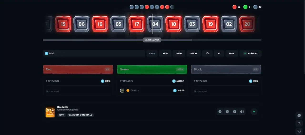 Gamdom Roulette interface with red, green and black betting options