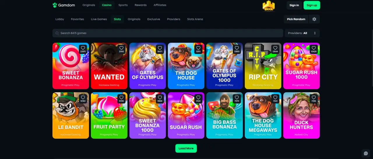 Gamdom slots lobby with Pragmatic Play and other provider games