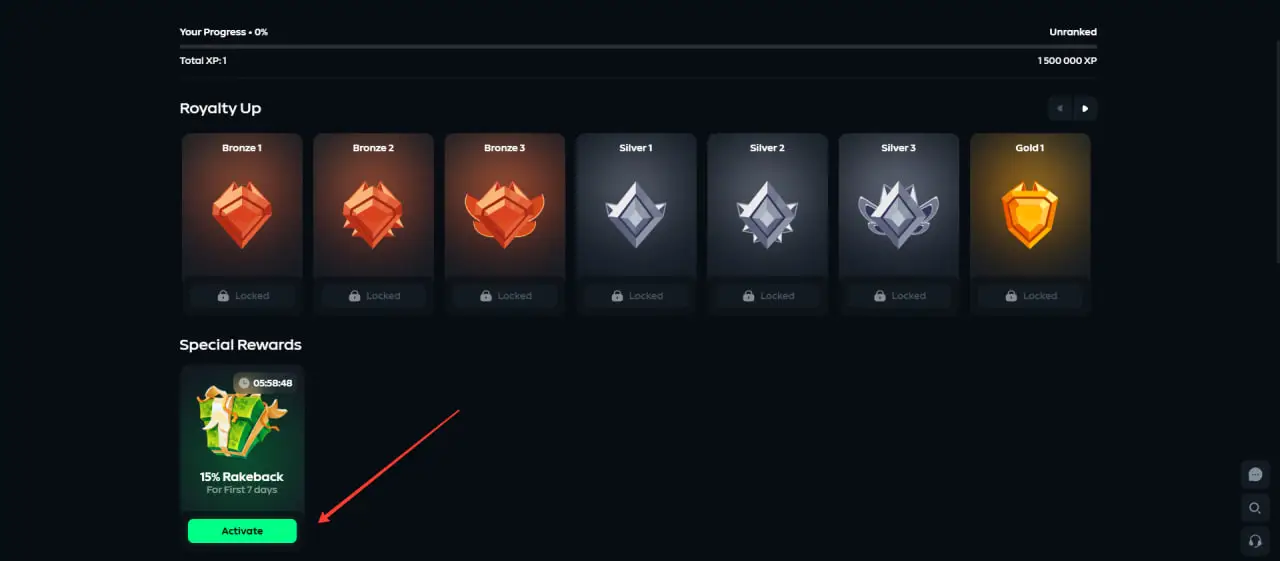 Gamdom Rewards page with the Special Rewards section showing the 15% Rakeback offer and its Activate button