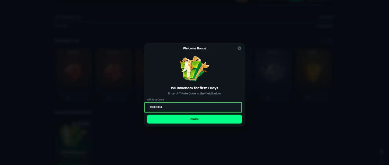 Gamdom Welcome Bonus panel where the affiliate code 15BOOST is entered to unlock 15% rakeback for the first 7 days
